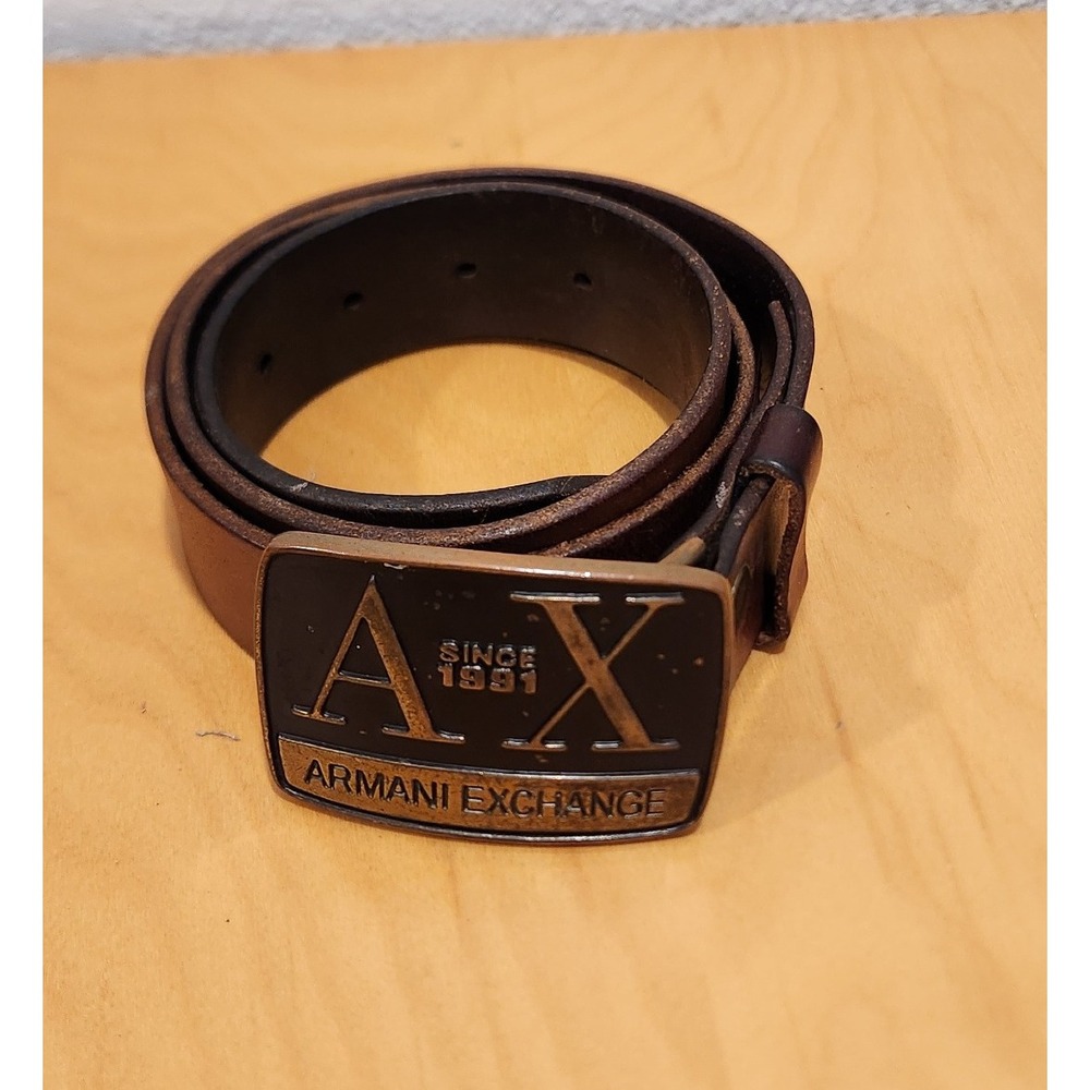 Vintage Armani Exchange AX Logo Buckle Belt Men's length 38 Leather Brass Look